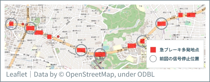 急ブレーキ多発地点（ヒヤリハットや事故に遭遇するリスクが高くなる）